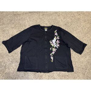 BOB MACKIE Art To Wear Black Full Zip Top Embroidered Bird Floral Tropical 3X